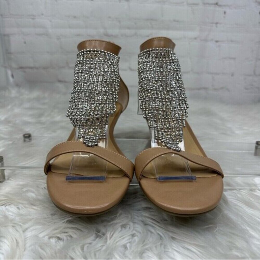Thalia Sodi Tacey‎ Tan Rhinestone Wedge Sandals Womens 11M Nude Beaded Back Zip